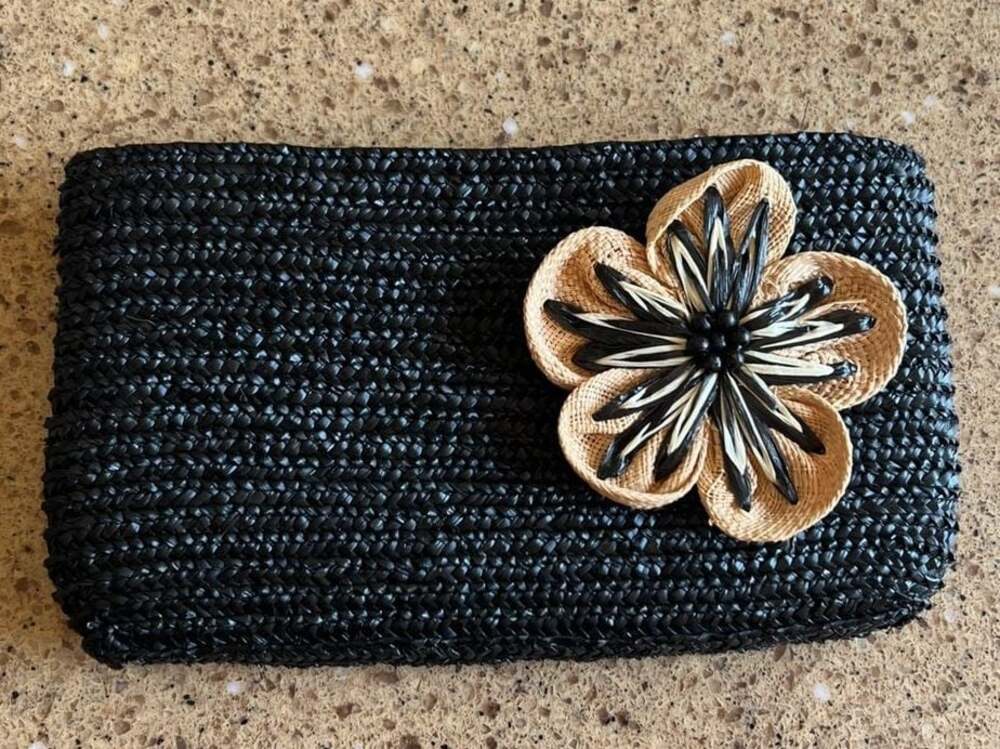 Coldwater Creek Black Woven Straw Clutch with Floral Detail